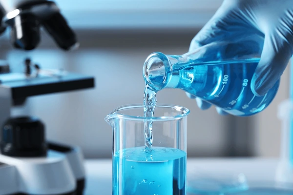 scientist pouring light blue liquid 600nw 2312846719